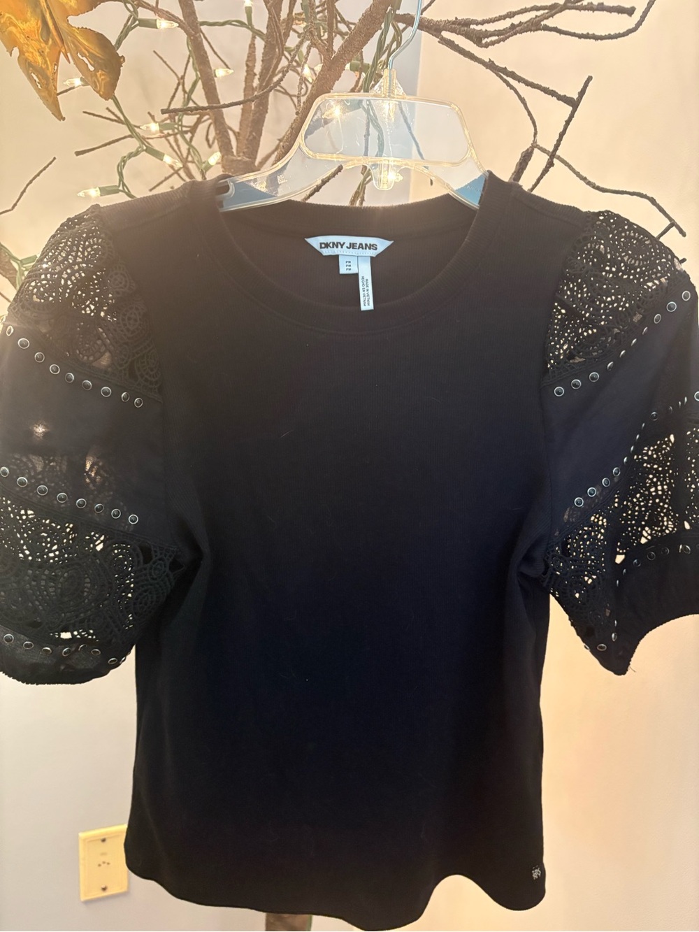 DKNY Black Eyelet Lace Puff-Sleeve Sweatshirt